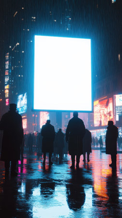 In a vibrant urban environment, a large billboard radiates bluish-white light as people in black trench coats gather below. The rain-slicked pavement reflects the glow and city lights.の素材
