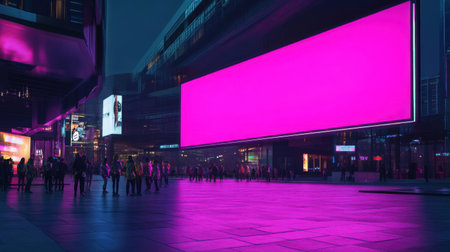 A dynamic urban plaza comes to life at night, filled with people enjoying the vibrant environment. The surroundings are enhanced by glowing neon lights and a striking pink advertising screen.の素材