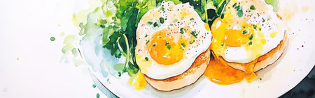Enjoy a close-up view of a delicious eggs benedict featuring runny yolks and creamy hollandaise sauce, served with a side of vibrant greens for a fresh touch.の素材