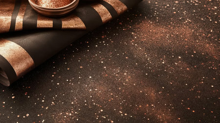 Delicate copper and soft beige sparkles are interwoven on a rich dark chocolate background, creating a cozy and earthy atmosphere reminiscent of autumn.の素材