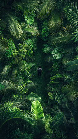 A hiker navigates a narrow path surrounded by vibrant green foliage, immersing in the tranquil beauty of the lush jungle. The sun sets, casting gentle light.の素材