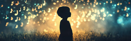 A child's silhouette stands still as glowing musical notes float upward, leaving radiant trails that form playful and intricate patterns in a dreamlike atmosphere.の素材