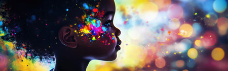 A child stands with a joyful expression, surrounded by radiant splashes of color. The striking silhouette captures the essence of fun and imaginative creativity in a lively environment.の素材