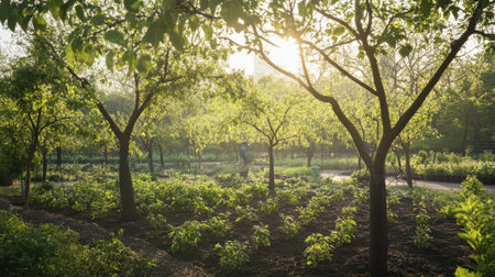 Gardeners work diligently in a tranquil orchard, caring for young fruit trees by tying branches and spreading mulch under the fresh green foliage in early spring.の素材