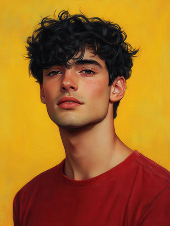Vibrant portrait captures a young man with dark, textured hair and a confident smirk. He stands relaxed in a red t-shirt, exuding charm against a bright yellow backdrop.の素材