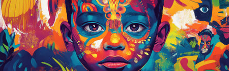 A child's face radiates with vivid colors, reflecting traditional tribal masks and lively festival themes. The artwork intertwines cultural heritage with contemporary festivity.の素材