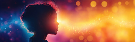 A child's silhouette radiates energy amidst pulsating sound vibrations, embodying the essence of music and joy in a vibrant, colorful setting.の素材
