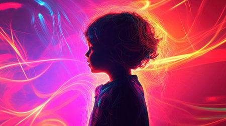 A child stands in a vibrant space, radiating with colorful, glowing ribbons. Their silhouette captures the lively energy of movement against a backdrop of dynamic shapes and hues.の素材