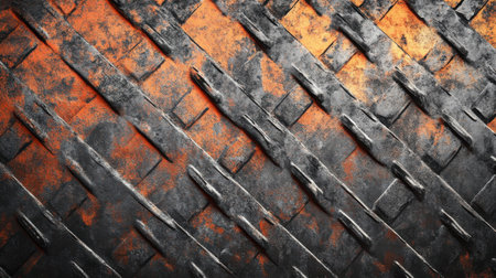 A textured metallic surface features a striking gradient from deep charcoal black to rusty orange, evoking a sense of vintage industrial aesthetics and timelessness.の素材