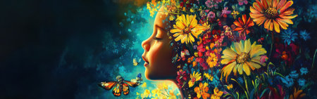 A radiant child's profile glows against a backdrop of colorful wildflowers and buzzing pollinators, capturing the essence of nature's delicate balance. This enchanting vision symbolizes peace and joy.の素材