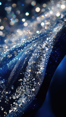 Sparkling blue and silver hues cascade across a deep navy surface, evoking a celestial vibe. The interplay of light and color mimics the tranquil essence of the ocean and night sky.の素材