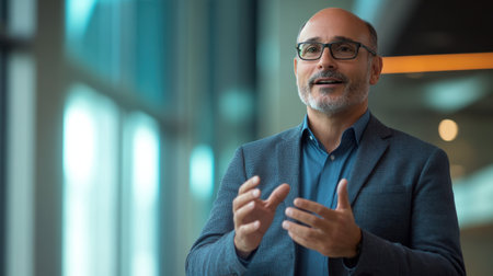 A businessman stands confidently in a well-lit office, passionately delivering a presentation to an audience. His gestures emphasize key points during the discussion, showcasing professionalism.の素材