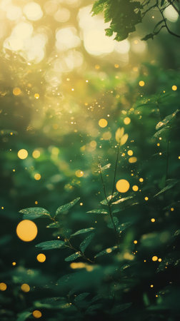 Bright golden bokeh glimmers against gently a rich forest green backdrop, creating an enchanting and luxurious atmosphere in nature's embrace.の素材
