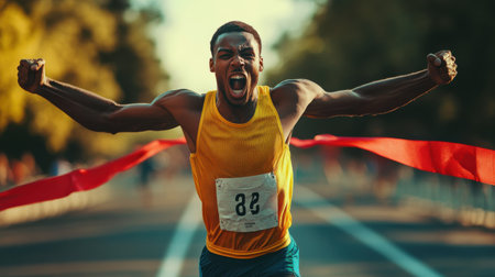 A runner with an intense expression crosses the finish line, arms raised in victory, showcasing determination and fulfillment in a spirited race setting.の素材