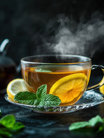 A close-up view of a steaming cup of green tea adorned with vibrant lemon slices and fresh mint leaves. Perfect for a calming moment at any time of day.の素材