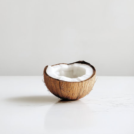 A fresh coconut half reveals creamy white flesh within its rough brown shell, elegantly showcased on a clean white surface, emphasizing its natural beauty and freshness.の素材