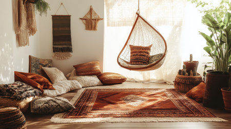 This inviting nook showcases layered rugs and a hanging chair surrounded by patterned throw pillows in warm tones, creating a perfect space for relaxation and reading.の素材