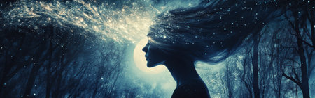 A woman's profile is adorned with glowing moonlight, her hair transforming into radiant silver beams amidst a calm forest under a starry sky, creating an enchanting atmosphere.の素材