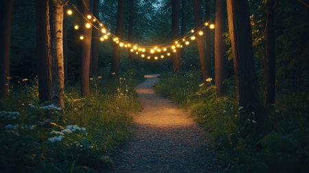 A cozy forest trail glows under soft string lights, guiding the way through trees as cool summer evening air fills the surroundings with tranquility.の素材