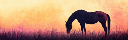A striking silhouette of a horse grazes quietly in a pasture, set against a colorful sunset sky. The warm tones of orange and pink create a peaceful atmosphere.の素材