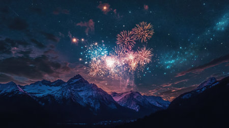 A breathtaking display of vibrant fireworks bursts over a majestic mountain range as twilight descends. The mountains create a stunning backdrop for this enchanting night sky.の素材
