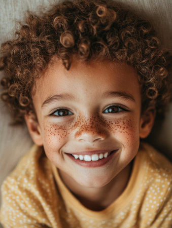 A cheerful child with curly hair and charming freckles lies on a soft surface, radiating joy and innocence with a warm smile. The light highlights their playful spirit.の素材
