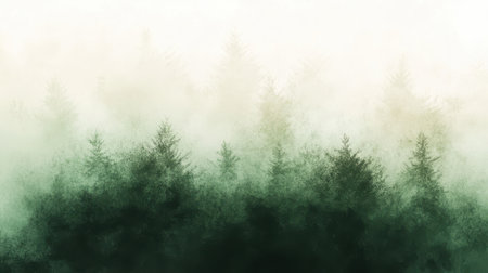Delicate gradient pencil strokes create a serene view of a dense forest shrouded in mist. The early morning light filters softly through the trees, enhancing the peaceful atmosphere.の素材