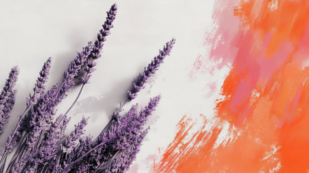 Lavender stems stand gracefully against a stark white background, complemented by dynamic orange brush strokes that add a touch of vibrancy and contrast, creating a serene yet modern aesthetic.の素材
