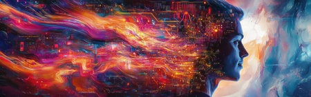 The image features a man's profile bursting with vibrant colors, patterns, and digital elements, creating a dynamic fusion of technology and creativity against a dreamy backdrop.の素材