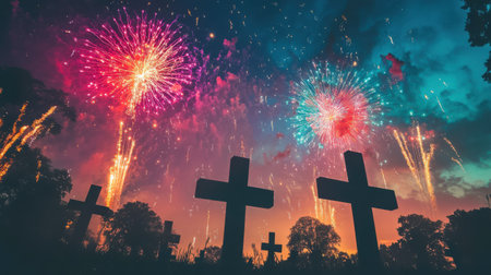 Colorful fireworks burst above a quiet cemetery adorned with crosses, creating a striking contrast against the twilight sky. The scene embodies the joy of Easter celebrations.の素材