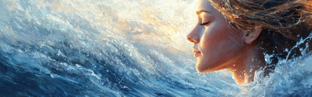 A woman stands serene in the water, her hair flowing with the waves. The sun sets behind her, casting a warm glow on her peaceful expression, reflecting calmness and beauty.の素材