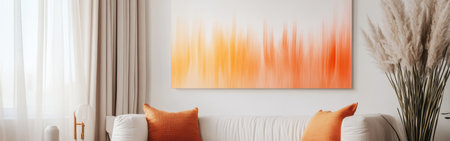A sleek modern living room showcases an abstract canvas dominated by vibrant orange hues. Warm tones create a cozy atmosphere, complemented by minimalist decor.の素材