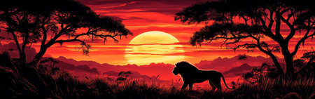 A majestic lion stands proudly in silhouette as the sun sets, casting a warm glow over the landscape. Surrounding trees and distant mountains create a captivating atmosphere.の素材