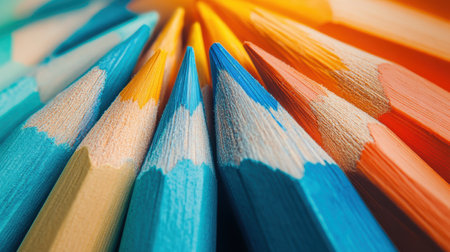 Pencil strokes blend seamlessly into a stunning gradient, showing vibrant hues of blue, orange, and yellow. This artistic arrangement invites creativity and inspiration.の素材