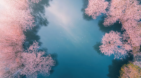 A tranquil lake reflects a clear sky while surrounded by vibrant cherry blossom trees in full bloom. The serene atmosphere invites reflection and peace in nature.の素材