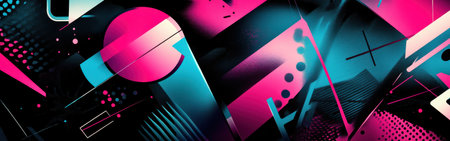 Colorful blend patterns magenta with teal and black, creating an energetic and bold composition. Geometric shapes and textures evoke a sense of modernity and creativity.の素材