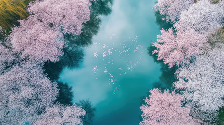 A peaceful lake reflects the blue sky, framed by vibrant pink cherry blossoms. This serene landscape captures the essence of springtime beauty and serenity.の素材