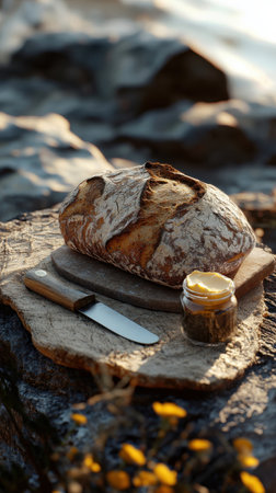 A beautifully crafted rustic loaf rests on a wooden board beside a jar of butter and a knife. The soft sunlight casts a warm glow, highlighting the serene setting by the water's edge.の素材