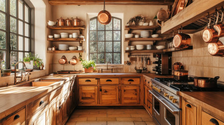 Sunlight streams through the window, illuminating the rustic kitchen adorned with open shelving, wooden cabinets, and glaming copper cookware. Fresh herbs add a lively touch.の素材