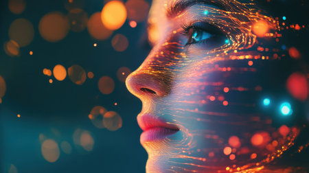 A woman's face softly merges with swirling lights that cast colorful reflections, creating a tranquil yet dynamic expression of beauty. The vibrant hues evoke a sense of calm and wonder.の素材
