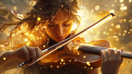 A woman plays the violin in a tranquil setting, her face illuminated by a warm, glowing light that enhances the beauty of the moment. Soft particles dance around her, creating a magical ambiance.の素材
