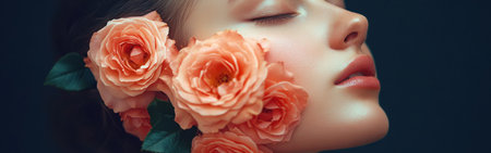 A woman rests serenely, her face glowing softly. Roses frame her profile, enhancing the tranquil atmosphere. The deep background adds depth to this serene moment.の素材
