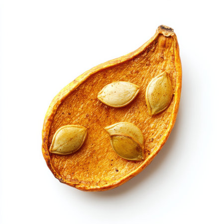 Bright golden roasted pumpkin seed sits atop a dried pumpkin slice, showing the natural beauty and texture of this seasonal delicacy, perfect for nutritious snacking or culinary use.の素材