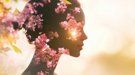 A woman poses gracefully, her silhouette framed by vibrant blossoms, radiating warmth as sunlight filters through flowers. The atmosphere is peaceful and serene.の素材