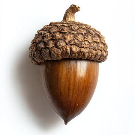 A single brown acorn rests prominently against a bright backdrop, showing its smooth body and intricately textured cap. The details emphasize its natural beauty and design.の素材