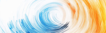 Abstract art showcases a dynamic interplay of pencil strokes forming a gradient with circular shapes. The composition features smooth transitions from blue to orange, evoking energy.の素材