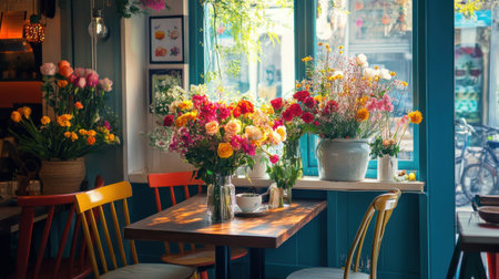 A cozy cafe is beautifully decorated with blooming spring flowers, offering a bright and welcoming atmosphere for guests enjoying their meals and conversations.の素材