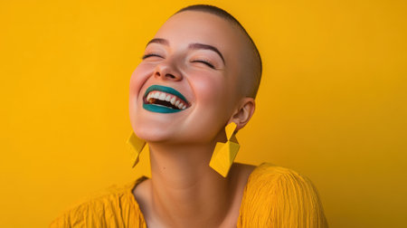 A confident young woman smiles brightly, showcasing her bold teal lip color and statement earrings. The vibrant yellow backdrop enhances her joyful expression and unique style.の素材