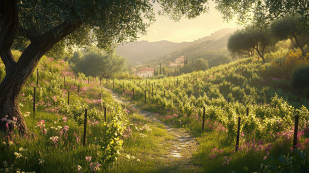 A picturesque hillside vineyard bathed in sunlight showcases young grapevines flourishing. A winding path invites visitors to explore vibrant flowers and scenic views.の素材