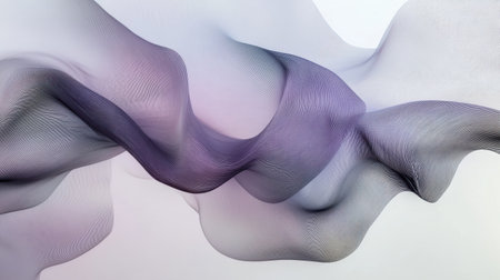 Soft and elegant flowing lines in gradient lavender intertwine gracefully, forming an abstract representation of fluid movement and harmony. The gentle curves evoke feelings of calmness and peace.の素材
